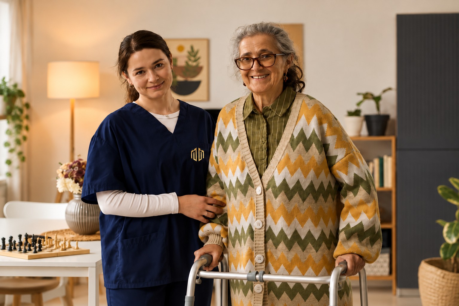 A resident walking a bright corridor beside a caregiver
