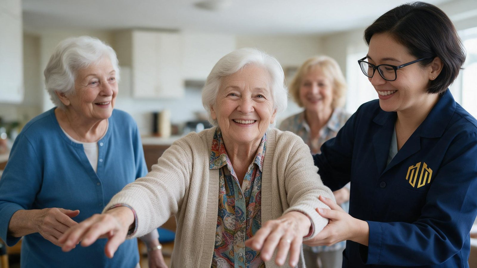 A carer leading a group of residents through gentle stretches in the lounge
